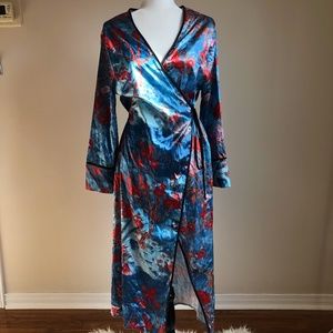 Beautiful Kimono maxi dress teal floral stain design dress feitong EUC